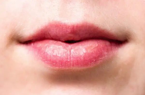 Labios rosados con piel seca y descamada, evidencia de labios quemados por el sol tras un día soleado.