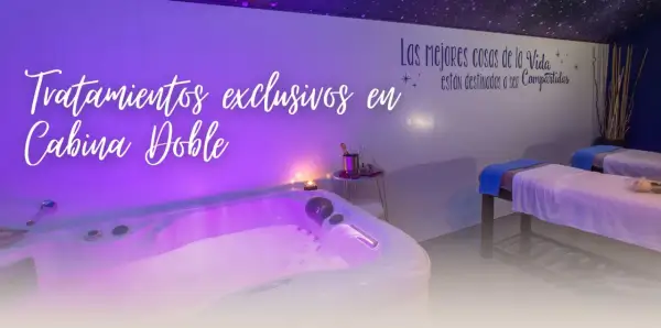 Disfruta de tratamientos exclusivos en cabina doble en el spa Olimpia. Relájate en la bañera de hidromasaje o en las camillas preparadas para ti.